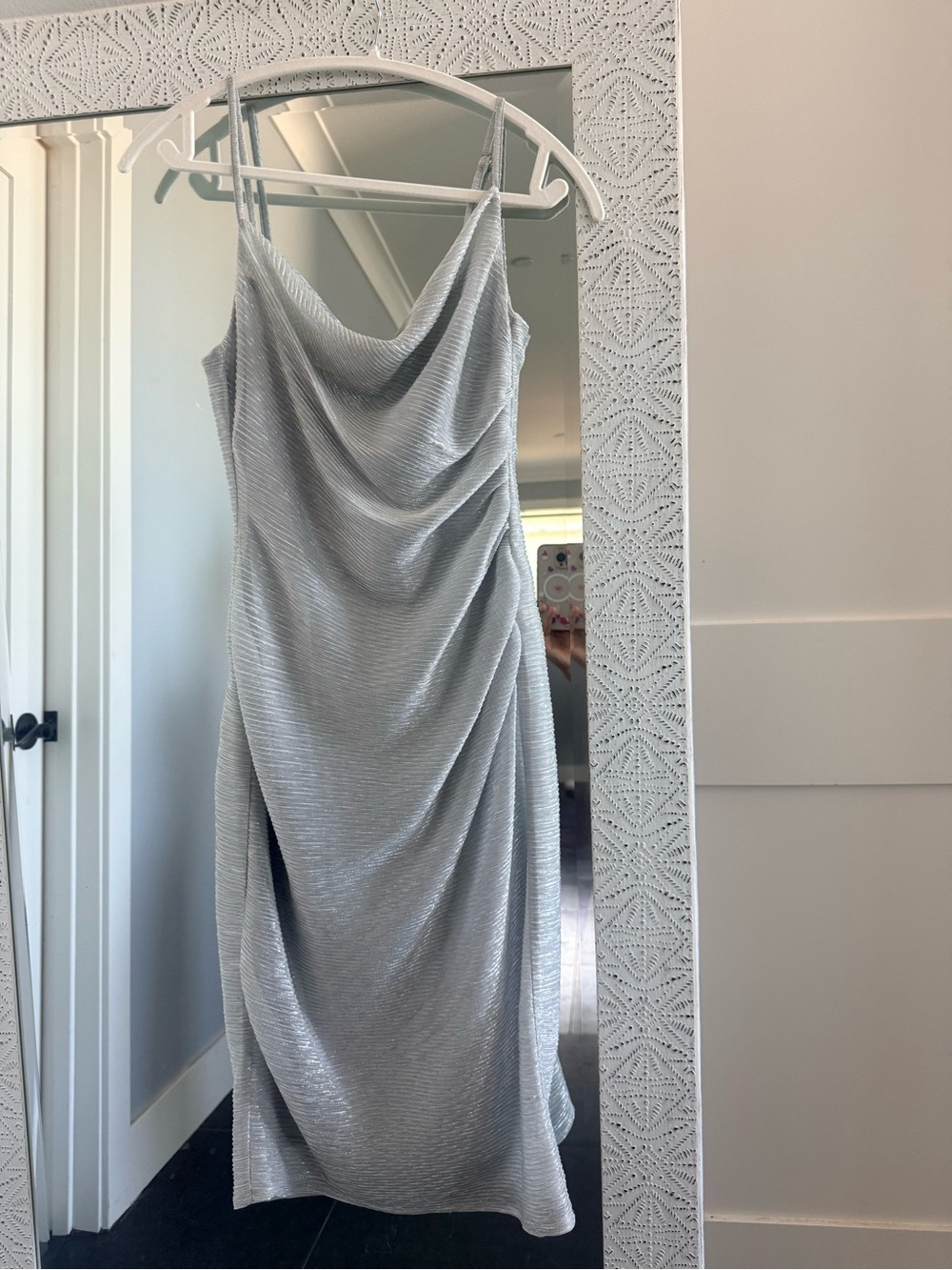 Laundry By Shelli Segal Silver Draped Cowl Midi Dress